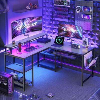 Bestier L Shaped Gaming Desk or 2 Person Long Table with Shelves Monitor Stand and Keyboard Tray