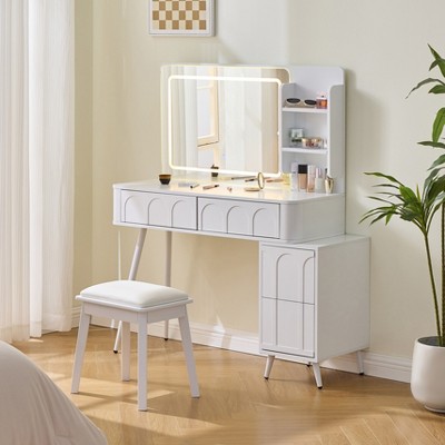 KTMBDW Modern Makeup Vanity Desk with LED Lights & Mirror, Dressing Table Set with Stool and 4 Drawers, Open Shelves for Bedroom, Apartment
