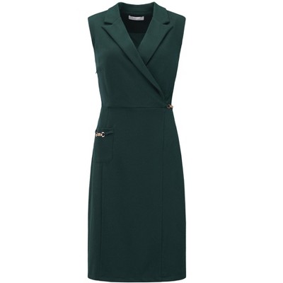 INSPIRE CHIC Women's Sleeveless Pencil Notched Lapel Collar Faux Wrap Wear to Work Sheath Dress