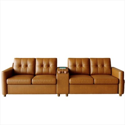 115" Sectional Sofa with Center Console, Cup Holders, Tufted Cushions & Storage Pocket, Spacious 4-Seater Couch for Apartment, Lounge