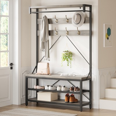 WhizMax Industrial Hall Tree Storage Bench for Entryway, Wood Look Accent, Large Shoe Rack with Shelf, Hanging Bar, 8 Hooks