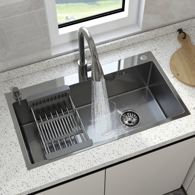 CHEVNI Silver Kitchen Sink Stainless Steel Single Bowl With Faucet Drop In Top Mount