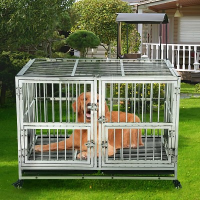 COZONY 48 Inch Heavy Duty Dog Crate for Large Dogs Double Door Design with Wheels and Removable Tray Silver