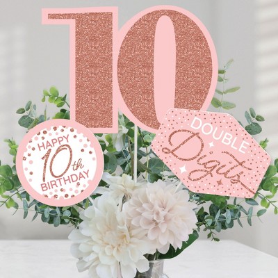 Big Dot of Happiness 10th Pink Rose Gold Birthday - Happy Birthday Party Centerpiece Sticks - Table Toppers - Set of 15