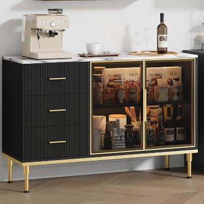 46.4" Fluted Sideboard Buffet Cabinet with Faux Marble Top, Large Storage for Kitchen, Featuring 2 Glass Doors, 3 Drawers, Adjustable Shelves