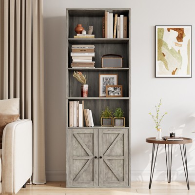 71.4in Tall Farmhouse Bookcase with Doors 11.8in Depth Display Storage Shelves Industrial Bookshelf Wooden 6 Shelf Bookshelves for Living Room