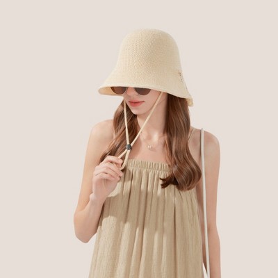 Anna-Kaci Crochet Bucket Hat with Adjustable Chin Strap and Back Button Eyelet Panel for Sun Protection