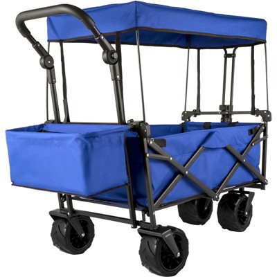 VEVOR Extra Large Collapsible Garden Cart with Removable Canopy, Folding Wagon Utility Carts with Wheels and Rear Storage, Wagon Cart, Blue