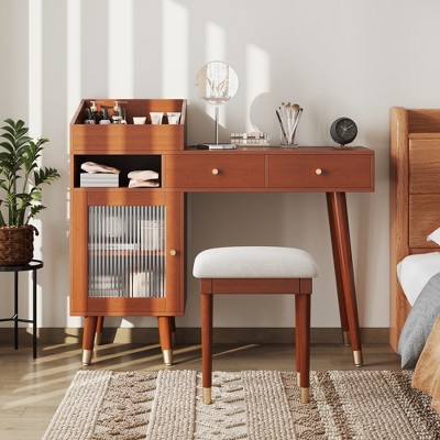 Bella Depot 43.9'' Modern Makeup Vanity Desk with Drawers and Stool, Space-saving Dressing Table Set