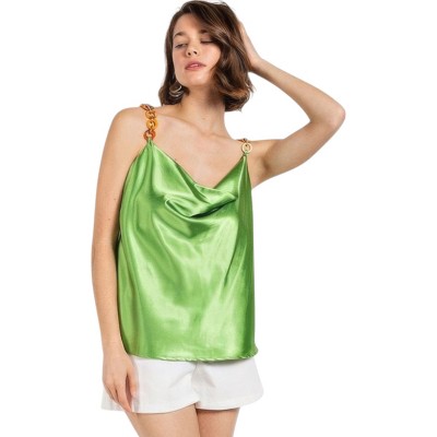 Slickblue Sophisticated Cowl Neck Satin Camisole with Chain Strap – Emerald, Perfect for Special Occasions, S-L