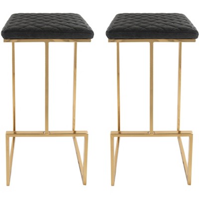 LeisureMod Quincy Set of 2 Bar Stools Upholstered in Leather with Gold Metal Frame, Counter Height Chairs for Kitchen Island