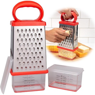 Good Cooking Box Cheese 4-Sided Grater w 2 Attachable Storage Containers w Lids - Stainless Steel, Soft Handle, Non-Slip Base, Built-In Measurements