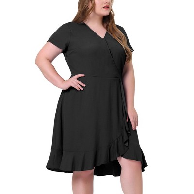 Agnes Orinda Women's Plus Size Relaxed Fit Faux Wrap Elastic Waist V Neck Chambray Ruffle Dresses