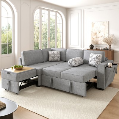 83.9" Convertible L-Shaped Sectional Sofa Bed with Dual Pull-Out Sleepers, Flip-Top Table, USB Ports, Cup Holder & Storage for Living Room