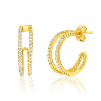 Bella Silver Sterling Silver, Double Row CZ Earrings - Gold Plated - Gold