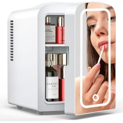 Kismile Mini Fridge with Dimmable LED Mirror, 4L Capacity for Refrigerating Makeup, Skincare and Food & Drink (Black)