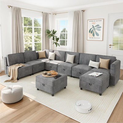 ODK 139.4" Chenille Reversible Sectional Sofa, Comfy Sectional Sleeper Sofa Couch with Chaise, U-Shape Modular Couch with Storage Seats, Grey