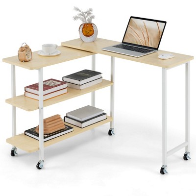 Costway 360° Rotatable Sofa Side Table L-shaped Laptop Desk Snack Table withShelf Patented Brown/Natural/Walnut/Rustic Brown