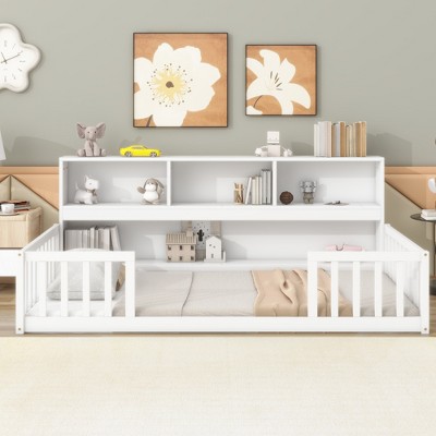 Nicbex Twin/Full Floor Bed with Bedside Bookcase,Montessori Bed Frame with Safety Guardrails and Slats,Sturdy Wood Playhouse Montessori Bed for Kids