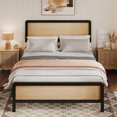 Full Size Platform Bed Frame with Natural Rattan Headboard Footboard, Metal Frame with Under-Bed Storage, Strong Slats Support, No Box Spring Needed