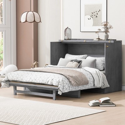 TIRAMISUBEST Full/Queen Size Murphy Bed Wall Bed with a Large Drawer & USB Ports, Space Saving Folding Murphy Cabinet Bed for Bedroom Guestroom