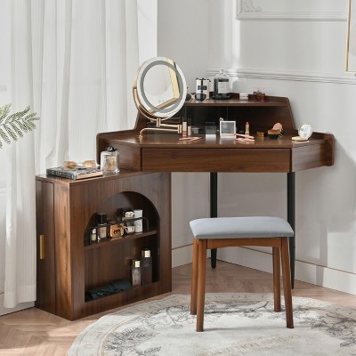 APRILSOUL Corner Makeup Vanity Desk With Mirror & LED Lights Walnut