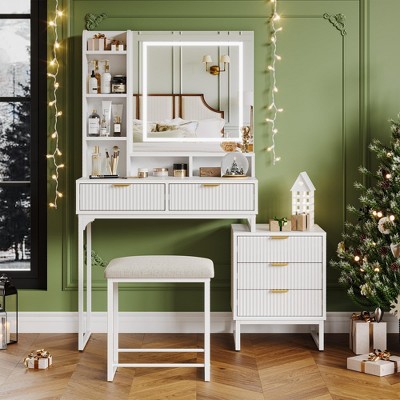 Make Up Vanity Set, Modern Make Up Table with Lighted Mirror, Side Storage Cabinet, White Vanity Desk and Stool