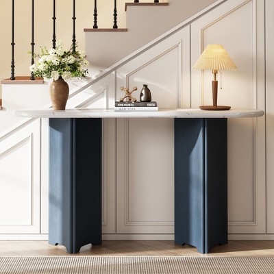 Narrow Console Table, Entryway Table with Oval Faux Marble Top, Rustic Sofa Table with Curved Legs