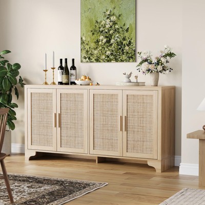 4-Door Sideboard Buffet Cabinet, Rattan Storage Cabinet with Adjustable Shelves, Boho Console Table for Entryway, Living Room, Kitchen, Coffee Bar