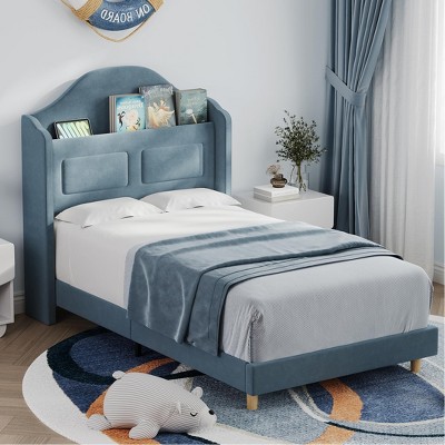 Upholstered Twin Bed Frame, Velvet Platform Bed Frame with Wing Back Storage Headboard, Wood Slats Support, No Box Spring Needed, Easy Assembly