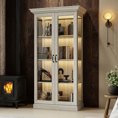 Famapy Bookcase Gray Oak Glass Display Cabinet wLED Light Strip, Tall Bookshelf with Doors Curio Storage Cabinet