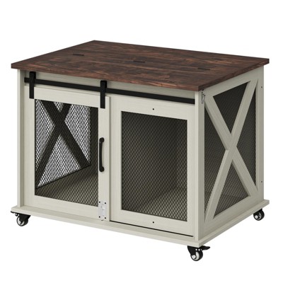 37" Dog Crate with Sliding Barn Door - Flip Top Wooden Kennel End Table on Wheels, Movable Divider Indoor Cage for Medium Dogs, White