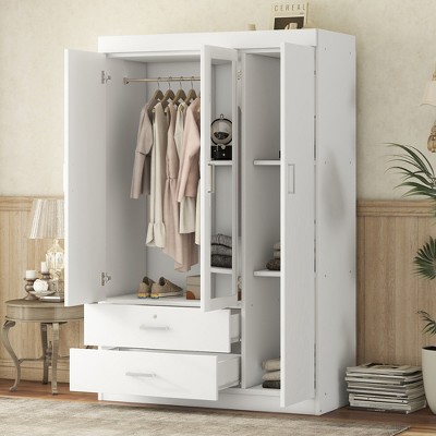 TIRAMISUBEST 3-Door Mirrored Wardrobe Closet with Storage Shelves and Hanging Rod, Modern Bedroom Armoire Clothes Organizer with 2 Drawers and Mirror