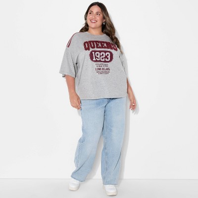 Women's Queens NY Oversized Short Sleeve Graphic T-Shirt - Light Gray