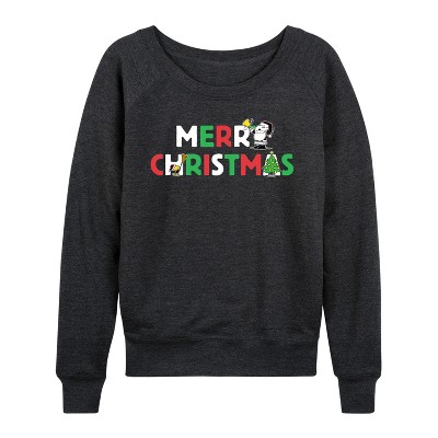 Women's - Peanuts - Merry Christmas Stacked Lightweight French Terry Wide Neck Long Sleeve Graphic Shirt