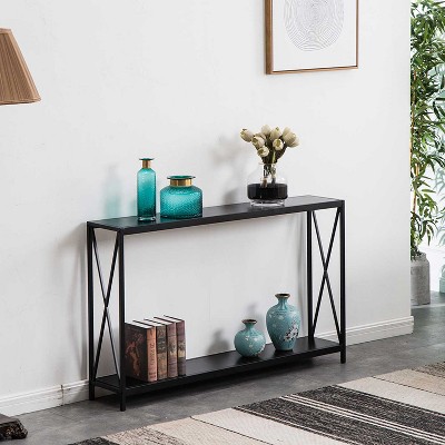 KTMBDW 2 Layers Narrow Console Table, Sofa Side Table for Living Room Entryway Bedroom, Black