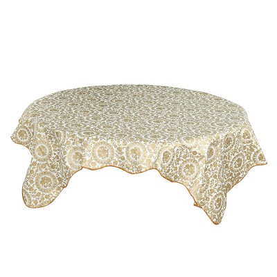PiccoCasa Flower Printed Water Oil Resistant Vinyl Round Tablecloths Golden 71" Dia