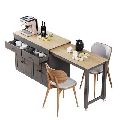 Kitchen Island with Extendable Dining Table, Two-tone Kitchen Table with Power Outlet,2 Drawers 2 Side Open Shelves