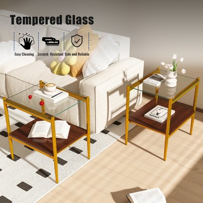 MAYEERTY Set of 2 Rectangle End Table, Tempered Glass Tabletop with MDF layer, Modern Table for Living Room , Transparent Glass
