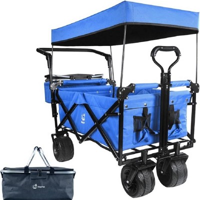 NAYSAYE Wagon Folding Cart Telescopic Handle Foot Brakes Adjustable for Outdoor Garden Beach, Blue, 35.4"*19.7"*44.5"