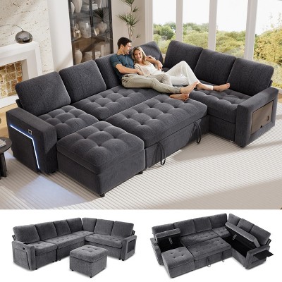 Vipbear 7-Seat Modular Sectional Sleeper Sofa with Pull-Out Bed, Reclining Backrest, USB Ports, Table, LED Lights & Storage Seats,Gray