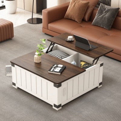 Lift-Top Coffee Table with Storage, Charging Station, USB Ports, Wood Square, for Living & Home Office