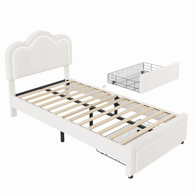 CuisinSmart Twin Upholstered Bed Frame with Smart LED and Adjustable Bear Headboard, Velvet Princess Kids Platform Bed, White