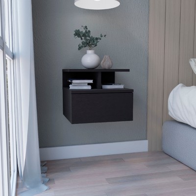 Lyngins Modern Floating Nightstand–Wall-Mounted, Cement-Look Finish, 2-Tier Shelf, End Table for Bedroom, Side Table with Drawer