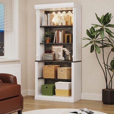 5-Tier Adjustable Bookcase, Wooden Freestanding Roman Column Bookshelf with Led Light for Home, Office, Living Room, Library, White