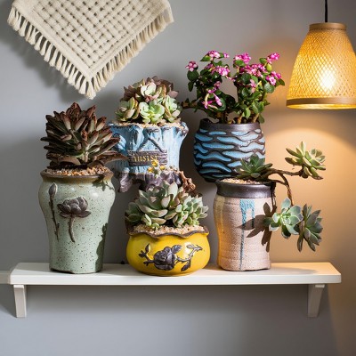 ORRD 5-Piece Succulent Ceramic Planter Set - Vintage Breathable Coarse Pottery Thumb Pots, Small Minimalist Indoor Ornaments