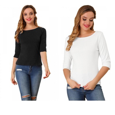 Allegra K Women's Classic Solid Elbow Sleeves Round Neck Slim Fit T-Shirts 2 Packs