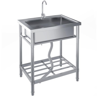 TROPOW Silver Stainless Steel Utility Sink – Freestanding Single Bowl for Kitchen/Laundry/Garage