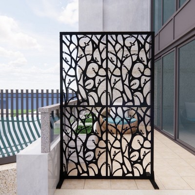 Angel Sar 6ft Metal Privacy Screen with Bird Design, Free-Standing Indoor/Outdoor Room Divider for Patio, Balcony, Garden, Black