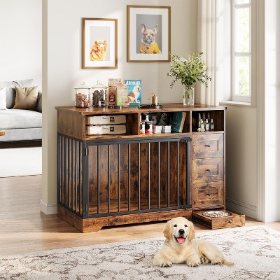 48'' Dog Crate Furniture, Heavy Duty Medium Dog Crate with Bowl & Storage Drawers, Crates for Dogs Indoor End Table for Small Medium
